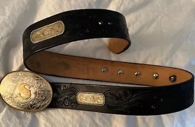 Montana Silversmiths Silver Gold Tone Initial  S  Buckle Handtolled Leather Belt • $89