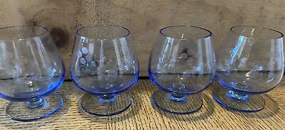 Set Of 4 Vintage Blue Etched Mini Cordial Glasses Brandy Snifters 2.7” Footed • $28