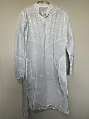 White Mens Kurta Cotton Chikankari Lucknowi Embroidery Lightweight Desi Indian • $20