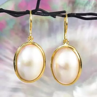 Earrings White Mabe Pearl Oval & 18K Gold Vermeil Over 925 Sterling Silver 5.74g • $72