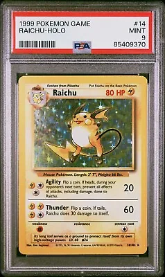 PSA 9 MINT Raichu Holo Rare Base Set Unlimited WOTC Pokemon Card 14/102 • $159.95