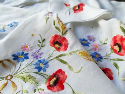 Poppies Wheat Vintage Italian Linen Tablecloth 66x112 & 12 Napkins • $950