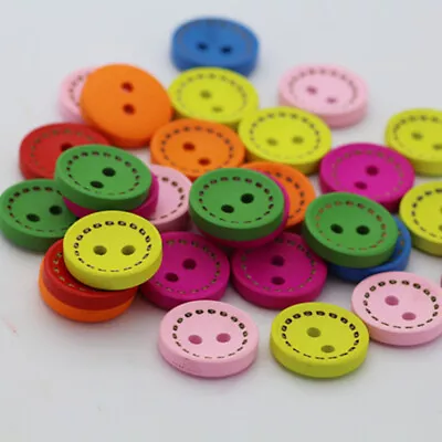 100x Mixed Color Wood Buttons 2 Holes Round For Sewing DIY Craft Decor Multi Set • $10.59