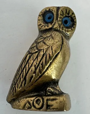 Vintage Owl Of Athena Solid Brass With Glass Eyes 1-1/4”Tall • $14.48