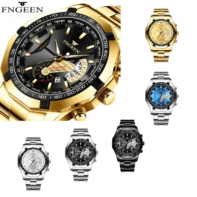 FNGEEN Luxury Mens Fashion Calendar Analogue Quartz Sports Stainless Steel Watch • £17.85