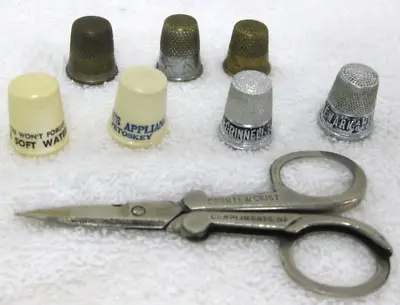 Vintage Advertising Thimbles Sewing Scissors Metal Brass & Plastic Lot Of 8 • $13