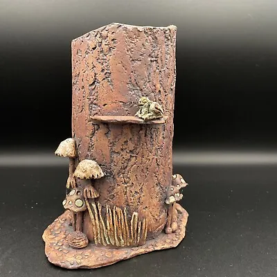 Unique Art Pottery - Tree Stump Vase With Mushrooms And Frog - Stamped Mark • $40