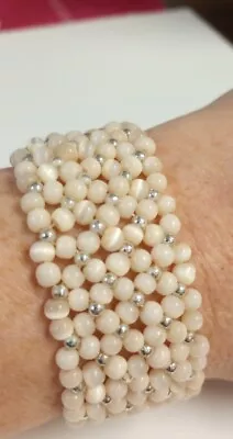 Vintage Moonstone Lucite Thermocet Beaded Stretch Bracelet Champagne Pearl Cuff  • $15.87