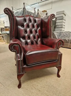 Chesterfield Queen Anne High Back Wing Chair Real Leather Antique Oxblood • £502.99