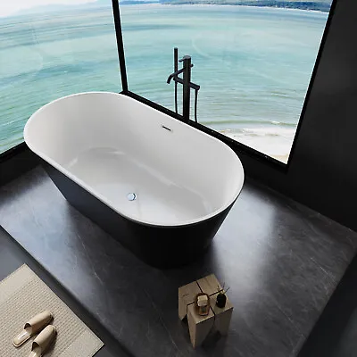 67  Freestanding Acrylic Bathtub Black Stand Alone Deep Soaking Tub W/ Drain • $898