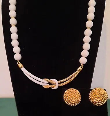 Vintage White & Goldtone Beaded Reef Knot Necklace W/monet Spiral Chain Earrings • $8