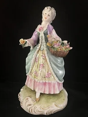 VINTAGE CAPODIMONTE  LADY FIGURINE With Beautiful Basket Of Flowers 8 Tall • $55