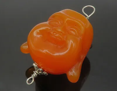 925 Sterling Silver - Vintage Buddha Head Carved Orange Jade Pendant - PT11111 • $79.99