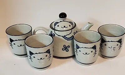 Kutani Yaki Stoneware Neko Cat Ceramic Teapot And 4 Cups Signed In Japanese • $35