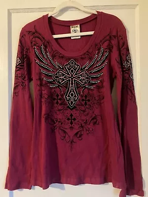 VOCAL Misses Size X-Large Long Sleeve Pullover Thermal Style Top Beaded Cross • $16.99