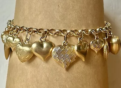 Rare Vintage Italian 14K Yellow Gold 7  Puffy Heart Charm Bracelet 15 Grams • $1595
