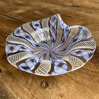 Vtg Murano Latticino Ribbon Style Art Glass Bowl Blue & White 7” Wide Folded Rim • $42.99