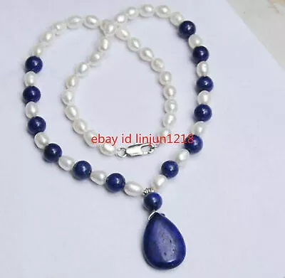  Natural 7-8MM White Akoya Pearl / 8mm Lapis Lazuli Pendant Necklace 18  • $6.40