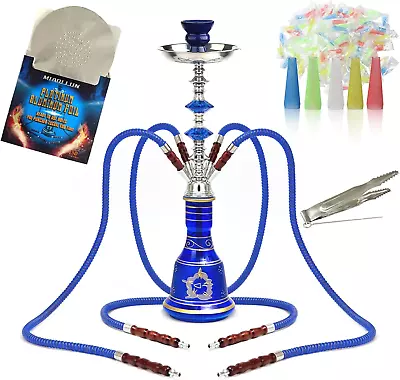 Portable 4-Hose Shisha Hookah Set - Glass Vase 100 Tips 50 Foil Blue • $37.49