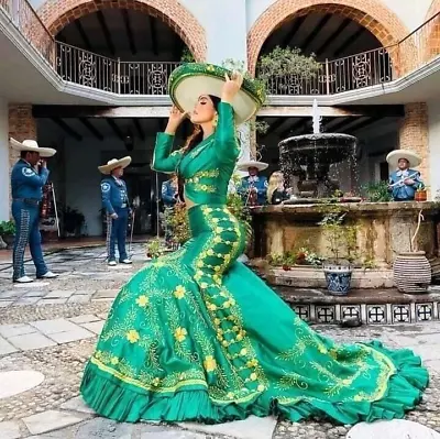 Customize Women 3Pc Green Mariachi Suit Embroidered Cape Jacket & Skirt Attire • $1999.99