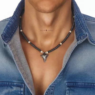 Mens Bead Necklace Metal SHARK TOOTH Pendant Beaded Gift For Him Men Boys Dad • £12.45