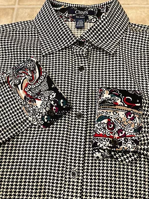 Chaps Women's L Houndstooth Long Sleeve Button Up Shirt Paisley Cuff Accents • $20