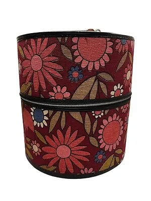 Vintage 60’s Era MCM Round  Tapestry Wig Hat Travel Case Box Zippered Suitcase • $52.99