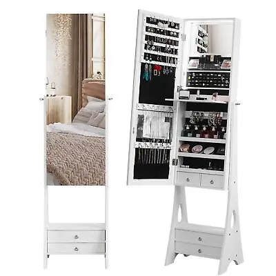 Full-length Mirror Jewelry Armoire Cabinet Lockable Makeup Organizer W/ 4 Drawer • $107.99