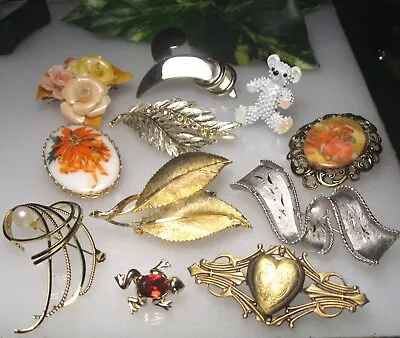 Estate Vintage BROOCH PIN LOT B.S.K. W. GERMANY J.J. Bear Frog Cameo Locket Leaf • $4.99