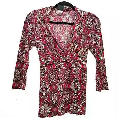 B. Moss Womens V Neck Top 3/4 Sleeve Empire Waist Red Paisley Small • $17