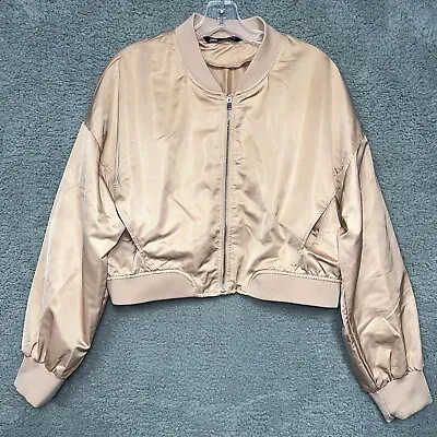 Zara Women's Size L Pink Satin Jacket Zip Up Cropped Bomber Lightweight Spring • $29.87