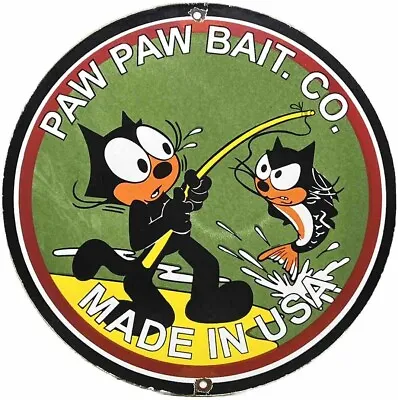 Vintage Paw Paw Tackle Fishing Lures Porcelain Sign Gas Bait Outboard Felix Cat • $116.38