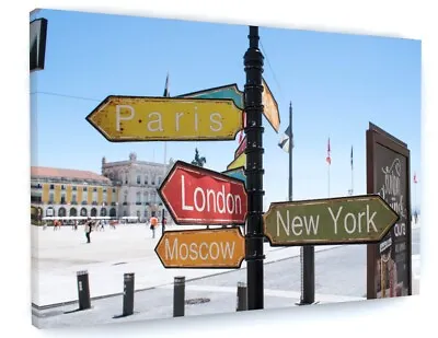 World City Sign Post London Paris New York Canvas Picture Print Wall Art #5957 • £26.91