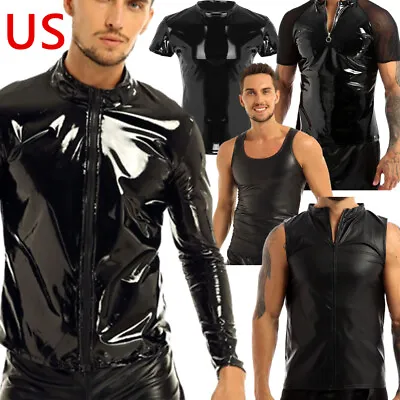 US Men's PVC Leather Workout Tank Muscle Tops Wet Look T Shirt Tights Tee Shirts • $13.33