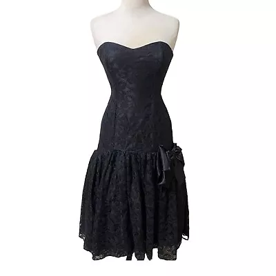 VTG Flirtations 80s Black Lace Prom Dress Strapless Hi Lo Mermaid Hem Sz Small S • $127.49
