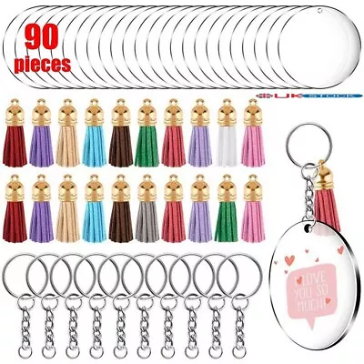 90x Clear Acrylic Circle Discs Keychain Blanks Tassel Pendants Keyrings DIY Set • £8.49