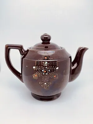 Vintage Dark Brown Teapot Hand Painted Floral Design Made In Japan • $20.99