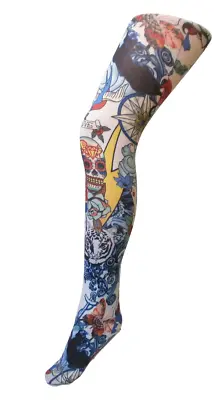 Womens Tights Skull Love Print Tattoo Over The Knee Socks Vintage OTKS Pop Tight • £14.75