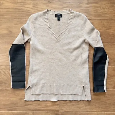 J.Crew Cashmere Blend V-Neck Sweater Leather Sleeve Panels Size XXS Tan/Black • $25