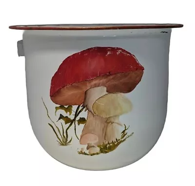 Large Vintage White Red Enamelware Chamber Pot Pail Decor Hand Painted Mushrooms • $50