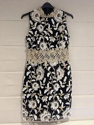 Myleene Klass Size 12 Black Gold Embroidered Lace Shift Dress • £5