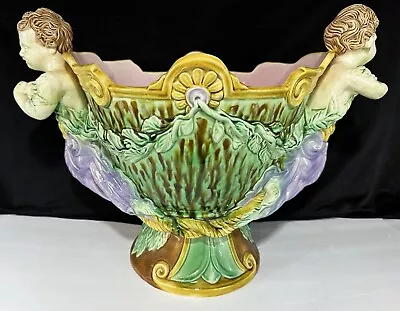 Antique Minton Majolica Jardiniere Cherubs 20  Centerpiece Planter Angels Bowl • $329.99