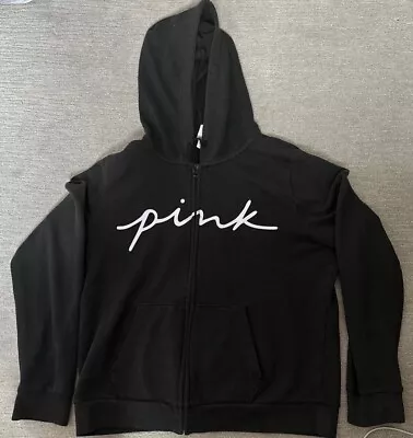 PINK Victoria's Secret Women Sweatshirt Large Black Hoodie Logo Full Zip Fleece • $16