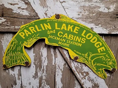 Vintage Jackman Station Porcelain Sign Parlin Lake Lodge Cabins Park Maine Fish • $489.64