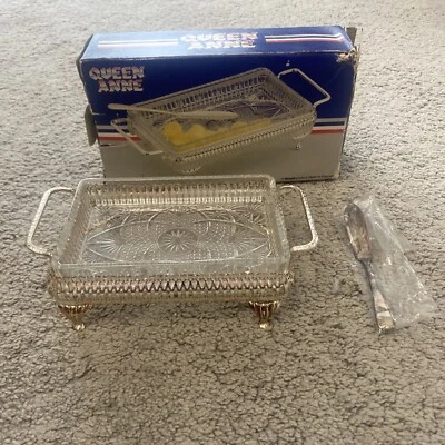 £29.95 • Buy NEW Vintage Antique Silver Plated Tableware Queen Anne Glass Butter Serving Dish