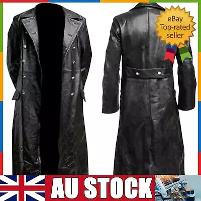 Men's Black WWII Style Double Breasted Long Leather Trench Coat Waterproof Warm • $90.51