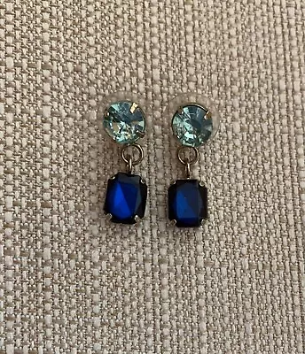 J Crew Faceted Crystal 2-Tone Gem Drop Earrings Royal Blue Aqua • $14.99