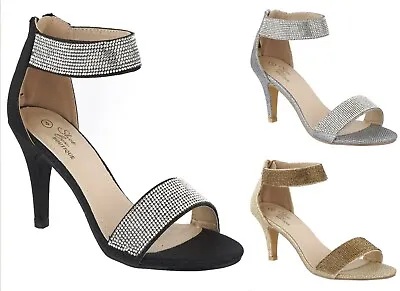 £13.99 • Buy Ladies High Heel Strappy Sandals Womens Bridal Prom Diamante Shoes Sizes 3-8