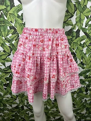 Romwe Mini Skirt Women's Size Small Cute Kawaii Cherry Bunny Pink Plaid & Lace • $19.95