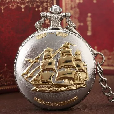 Carved Golden Sailing Boat Silver Quartz Pocket Watch Arabic Number Chain Gift • $5.59